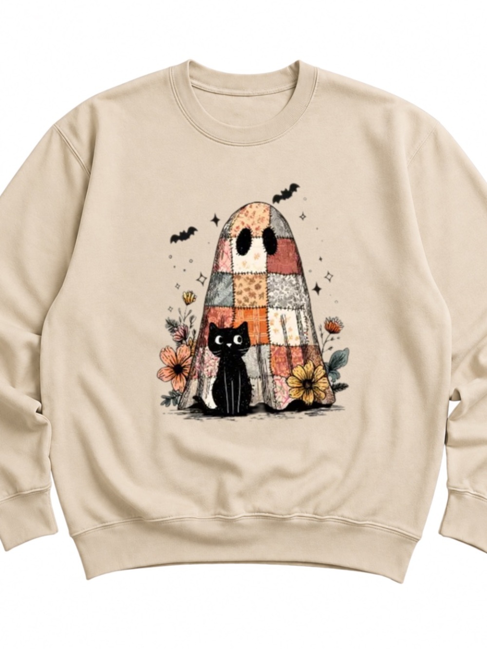 Gildan Beige Patchwork Ghost & Black Cat Short Sleeve Tee
